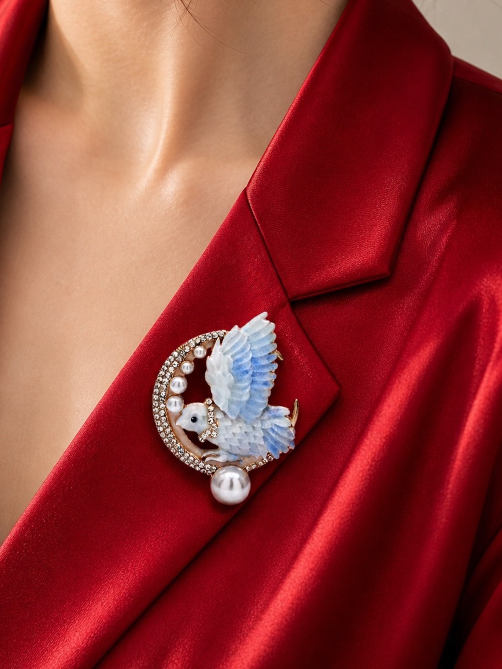 Celestial White Blue Bird Pearl Crystal Brooch